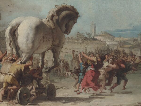 Giovanni Domenico Tiepolo’s painting of the Trojan horse being hauled through the gates of Troy by a crowd