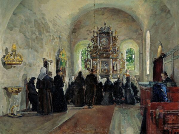 Worshippers kneel at the altar rail of a painted country church while the pastor serves the Lord's Supper.