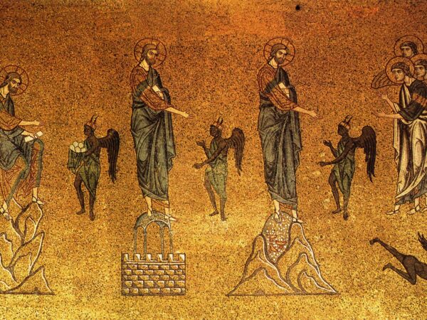 A gold-ground mosaic shows Christ answering the devil in the three temptations.