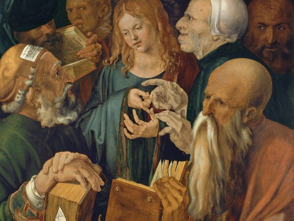 The boy Jesus is surrounded by bearded teachers holding open books of the law.