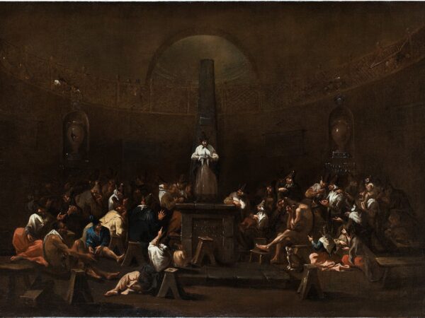 A dim hall full of people at a Quaker meeting.