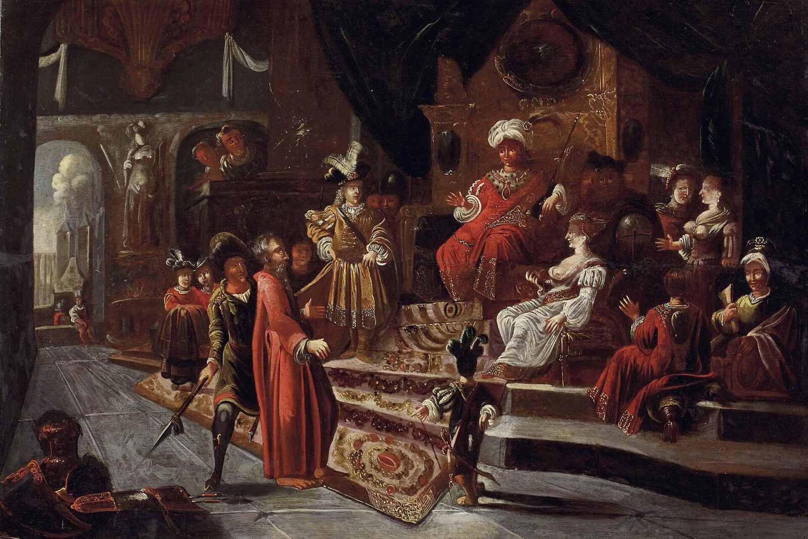 The prophet Nathan stands before the seated King David and confronts him with his sin.