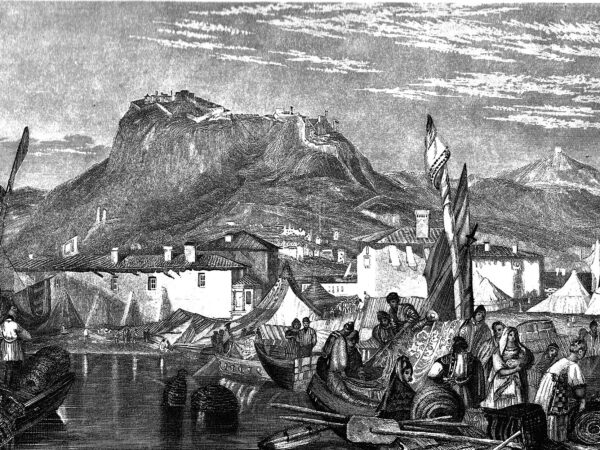 An engraving of the town of Corinth in Greece with its old buildings and the hills beyond.