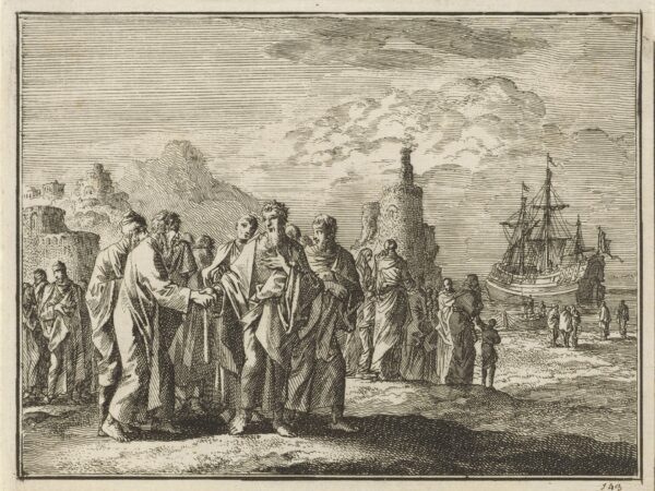 Paul bids farewell to the elders of the church of Ephesus on the shore at Miletus.