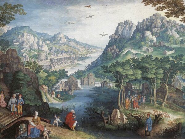 Gillis van Coninxloo’s painting of a mountain landscape and river valley with the prophet Hosea