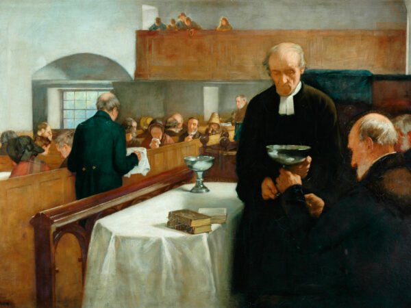 A Scottish congregation of men and women sits in the pews at a communion service.