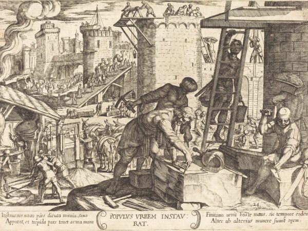 Workers haul stones and raise the walls of Jerusalem while armed guards stand watch.
