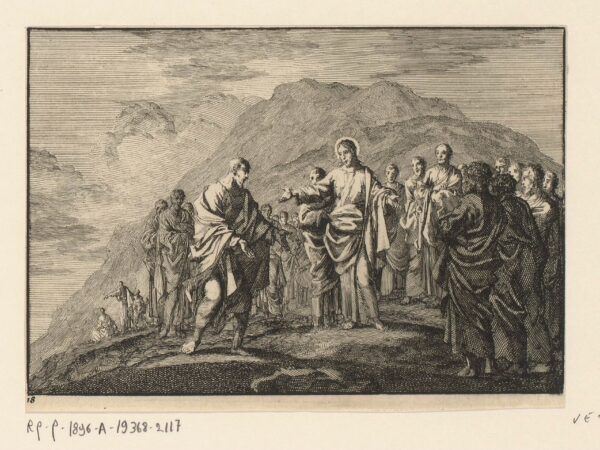 An engraved landscape showing the apostles sent out to preach.
