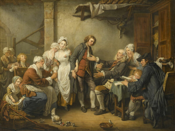 A father hands over his daughter's dowry as the family and a notary witness the betrothal.