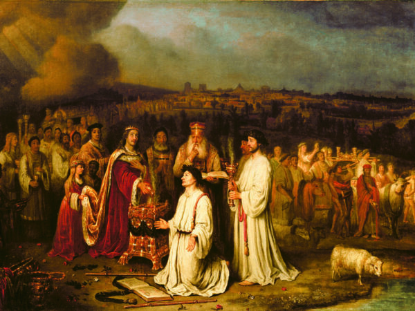 Solomon dedicates the temple outside Jerusalem before a great crowd under a wide sky.