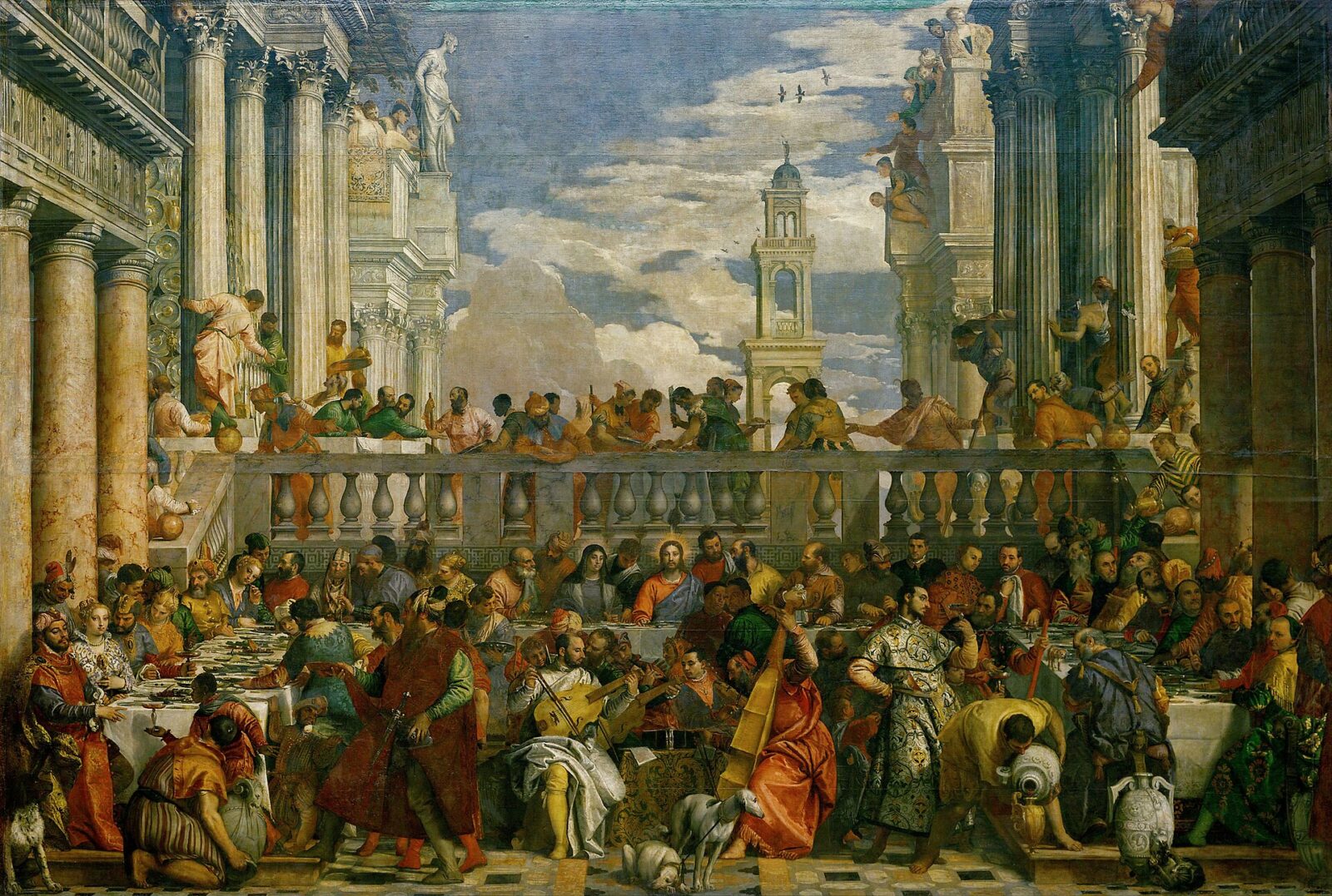 Paolo Veronese’s painting of the wedding at Cana, a crowded banquet under a colonnade with Christ and Mary at the centre of the table