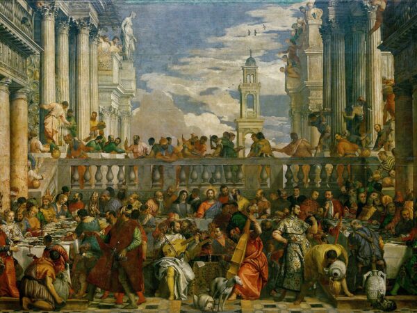 Paolo Veronese’s painting of the wedding at Cana, a crowded banquet under a colonnade with Christ and Mary at the centre of the table