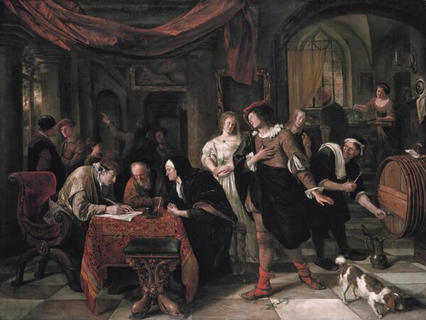 A Dutch family gathers in a room as a father joins the hands of Tobias and Sarah in marriage.