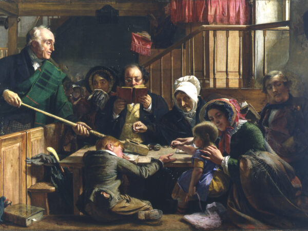 An elder in a tartan plaid passes the offering box along a pew while the minister preaches from the pulpit.