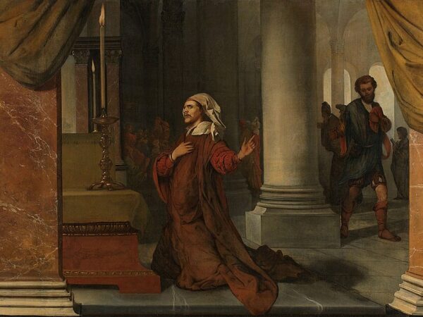 The parable of the Pharisee and the tax collector told in three scenes inside the temple.
