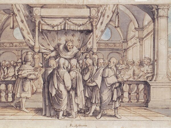 King Rehoboam, on his throne, rebuffs the elders of Israel who have come to petition him.