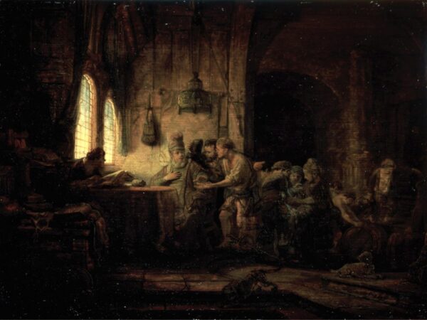 The landowner settles wages with workers at the end of the day in a dim interior.