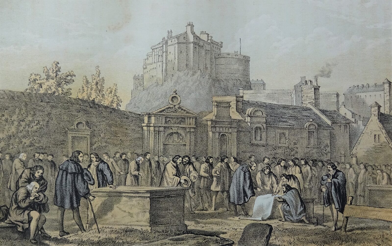 Engraving of a crowd signing the National Covenant on a tombstone in Greyfriars Churchyard, Edinburgh