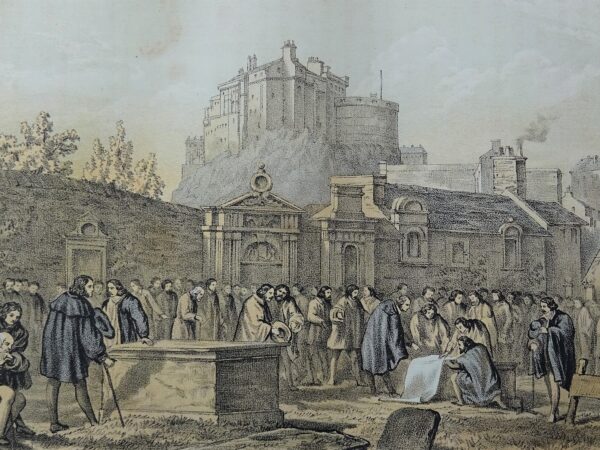 Engraving of a crowd signing the National Covenant on a tombstone in Greyfriars Churchyard, Edinburgh