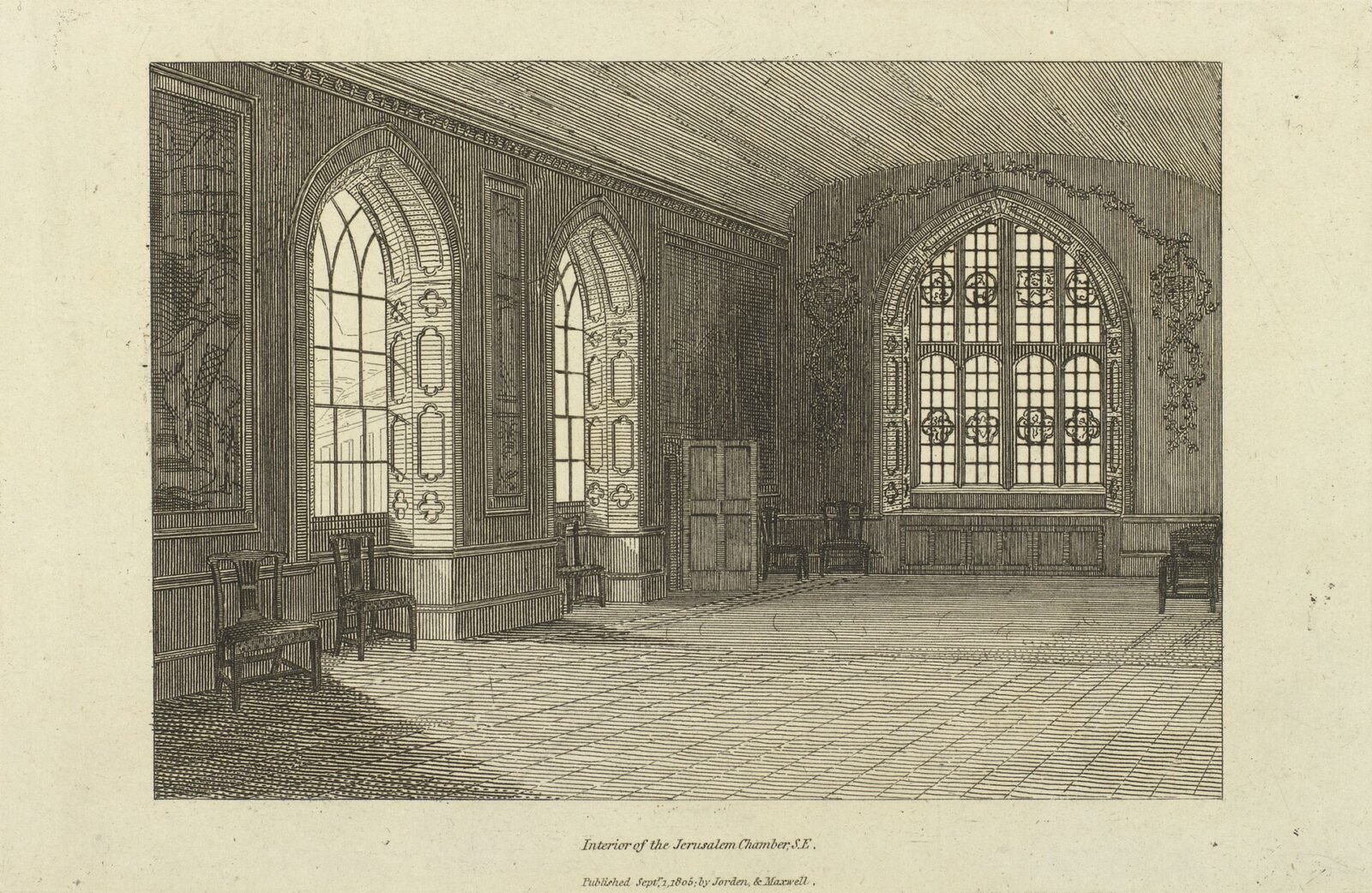 A paneled chamber in Westminster Abbey with a long table, chairs, tapestries and a stone fireplace.