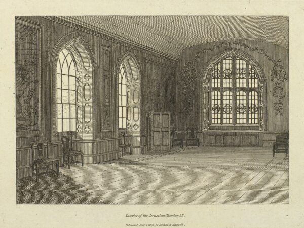 A paneled chamber in Westminster Abbey with a long table, chairs, tapestries and a stone fireplace.