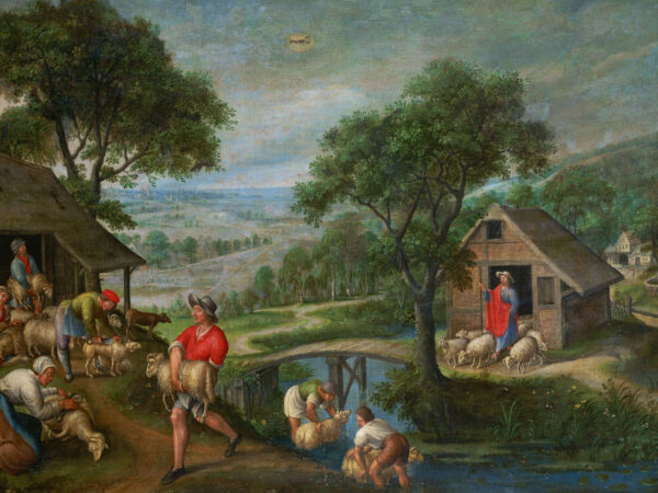 Sixteenth-century painting of Christ as the Good Shepherd among his flock in a landscape