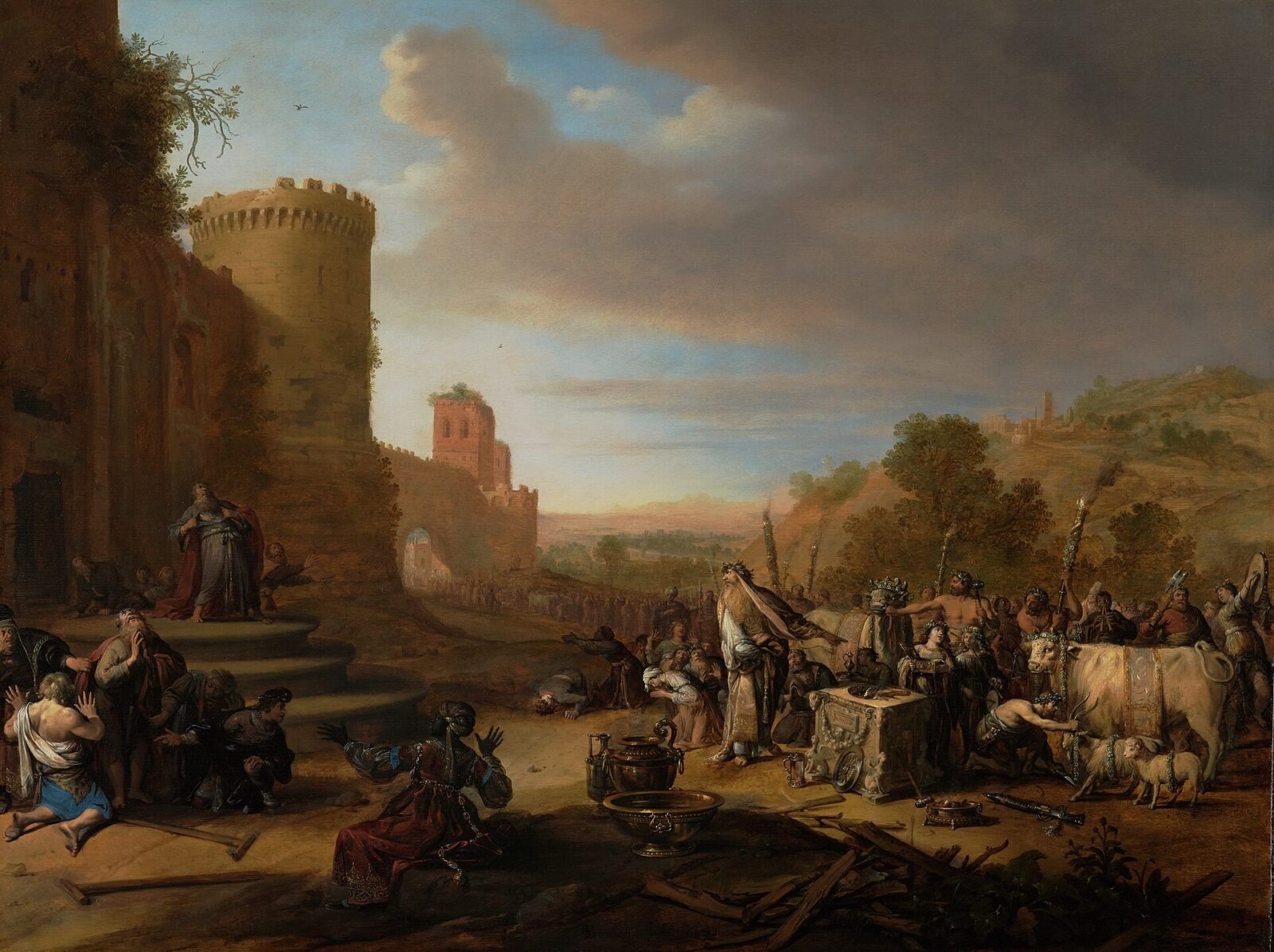 Paul and Barnabas tear their clothes as the people of Lystra lead an ox to sacrifice to them as gods.