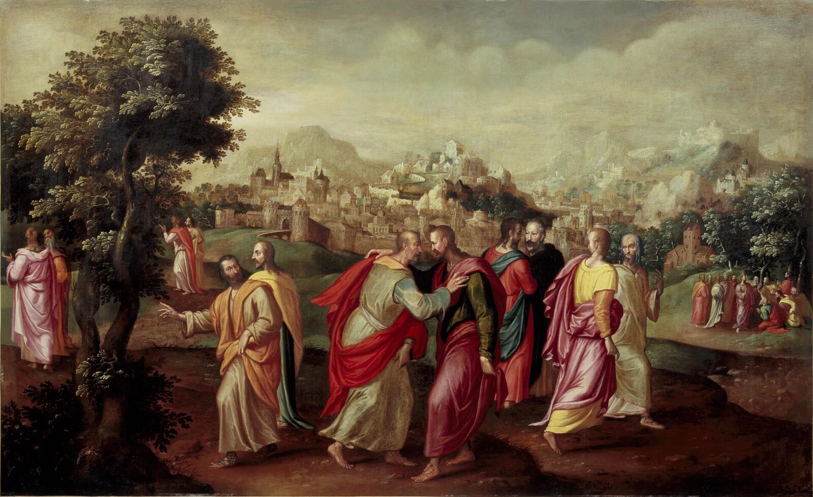 Christ stands in a landscape sending his twelve disciples out on their mission.
