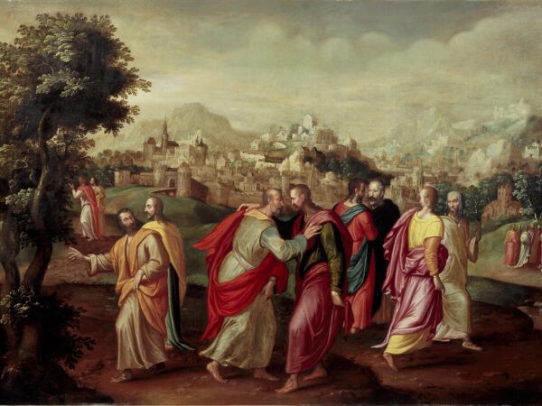 Christ stands in a landscape sending his twelve disciples out on their mission.