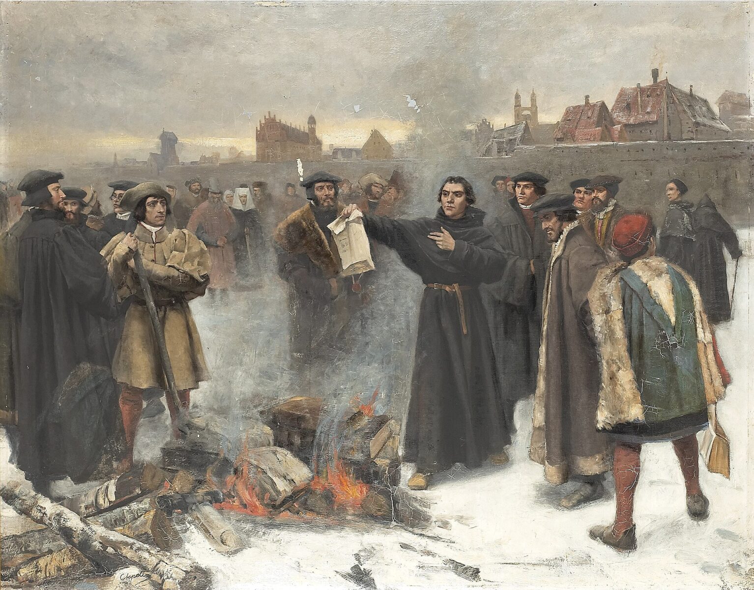 Martin Luther throws the papal bull into a bonfire before a crowd outside Wittenberg.