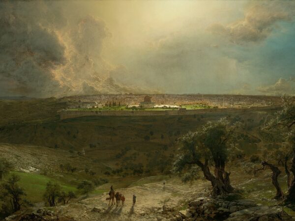 A broad view of Jerusalem and its walls seen from the Mount of Olives, with the hills of Judea beyond.