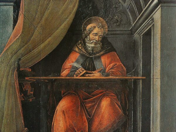 Sandro Botticelli’s Saint Augustine in his study, a bishop at a desk among books and instruments
