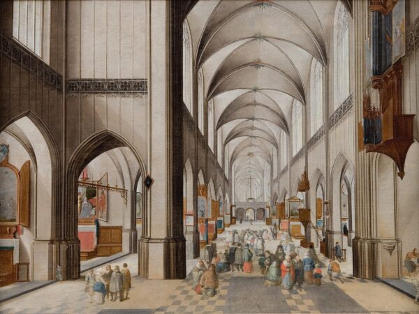 A congregation gathers in a tall Gothic church to hear a sermon.