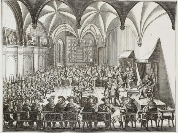 The Lutheran princes present the Augsburg Confession to Emperor Charles V before the assembled Diet.