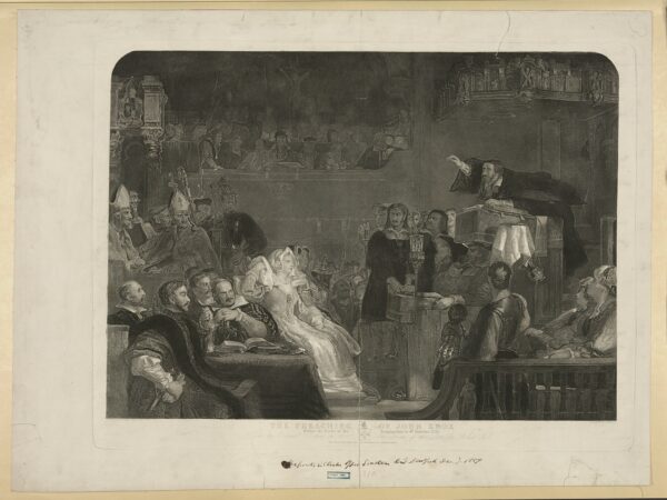 John Knox preaches with raised arm from a pulpit to nobles and townspeople crowded into a church.