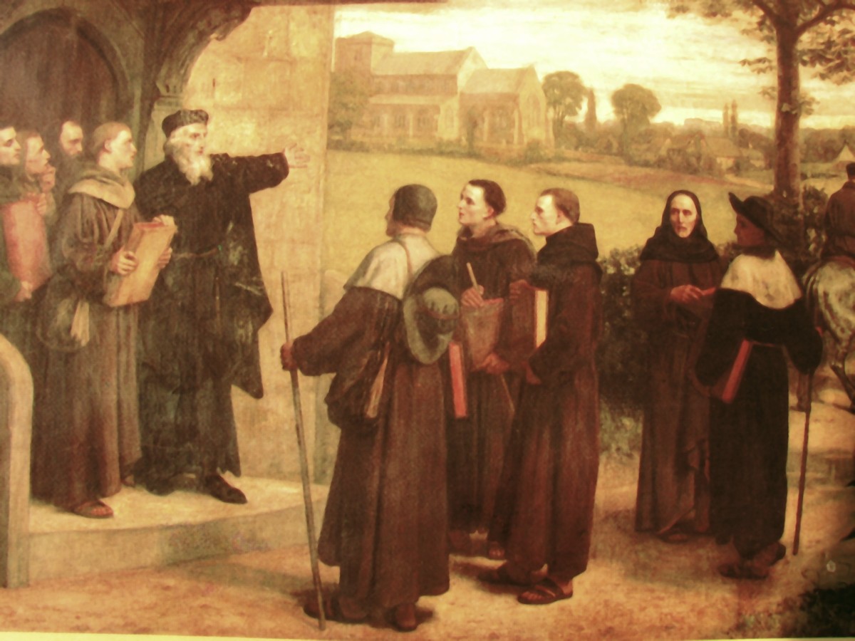 John Wyclif hands copies of his English Bible to a group of travelling preachers.
