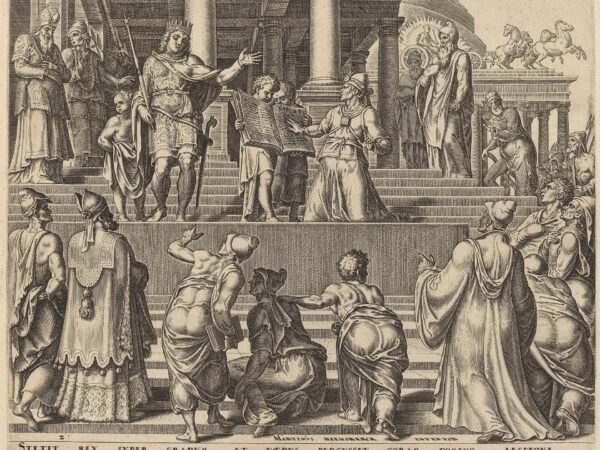 An engraving of a man reading aloud from a large open book to a crowd gathered before a temple.