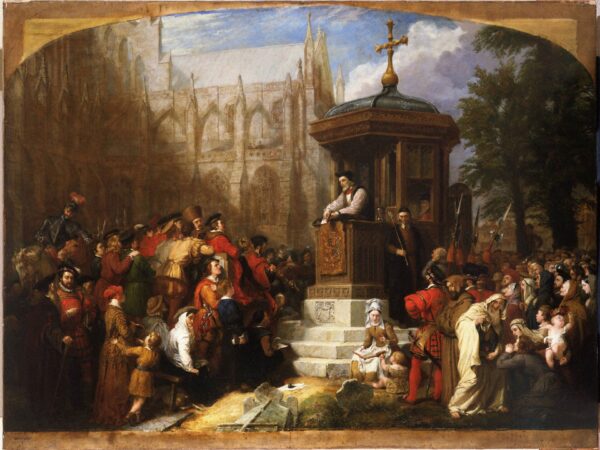 Hugh Latimer preaches from an outdoor pulpit to a large crowd gathered in London.