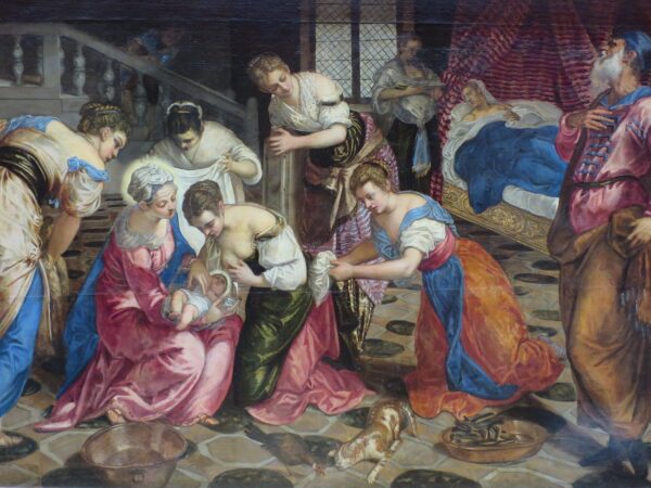 Women attend the aged Elizabeth in bed while others tend her newborn son, John the Baptist.