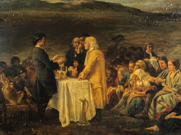 Scottish Covenanters gather in the open hills to receive the Lord's Supper, far from any church building.
