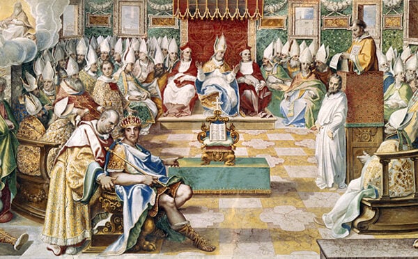 Emperor Constantine (forefront) at the First Council of Nicaea, a convening of bishops to decide important dates for the Christian calendar and settle other debates.