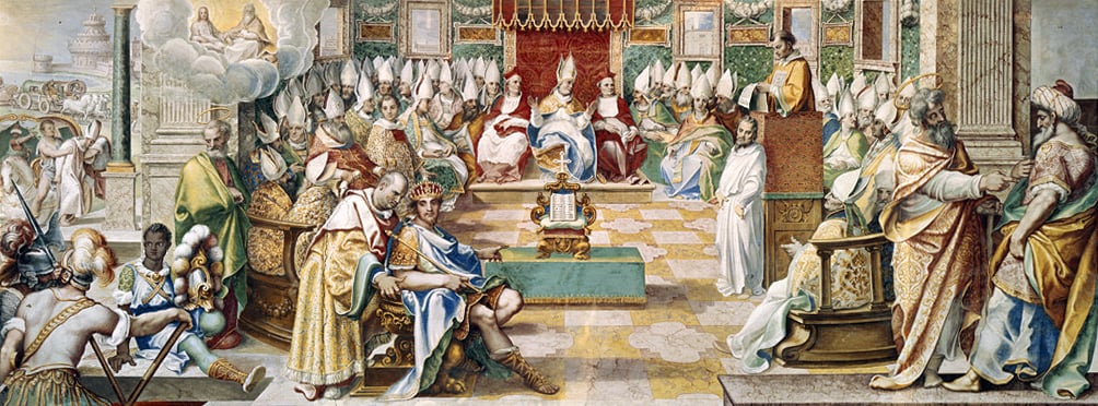 Emperor Constantine (forefront) at the First Council of Nicaea, a convening of bishops to decide important dates for the Christian calendar and settle other debates.