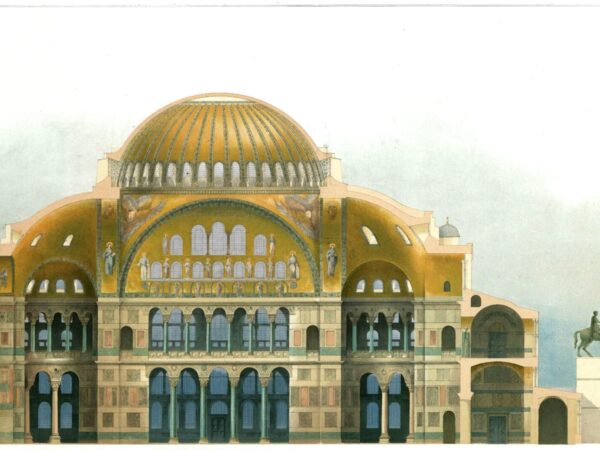 The domed church of Hagia Sophia in Constantinople, drawn as an architectural plate.