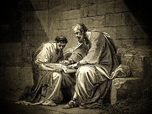 Engraving of the apostle Paul in prison, finishing a letter and handing it to a messenger
